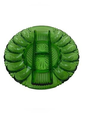 11” LE Smith Green 12 Deviled Egg Plate Relish Tray Diamond Pressed Glass Vtg